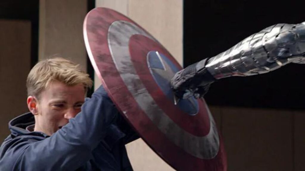 Captain America using his shield as a defence weapon